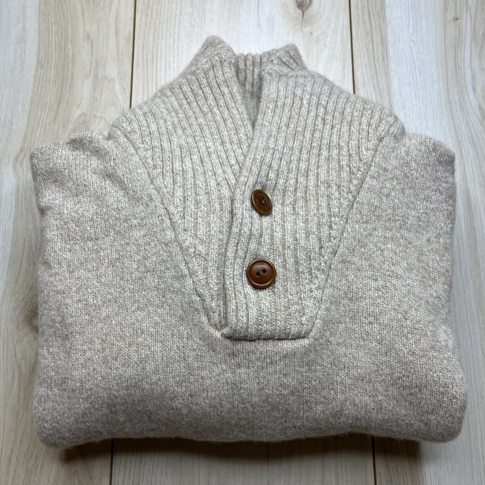 J.Crew 100% Lambswool Shawl Collar Sweater Buttons Beige Mens Size Medium